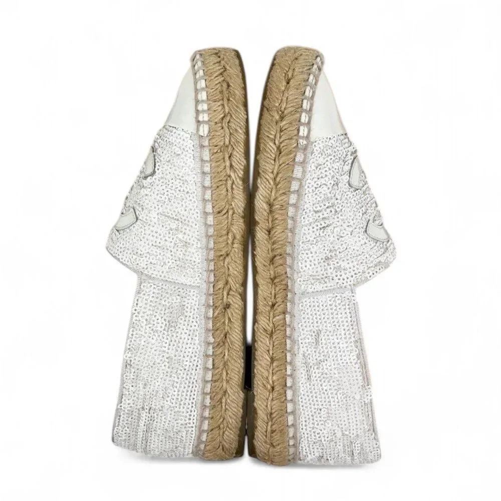 CHANEL White Woven Interlocking CC Logo Sequin Flat Espadrilles Size EU37